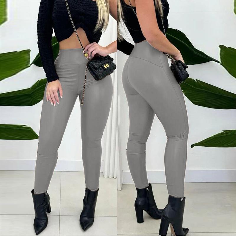 ChicMe Women's PU Leather Leggings High Waist Curved Fleece Lined Tights Casual Pants Womenswear Bottom Womenswear Bottom  Skinny